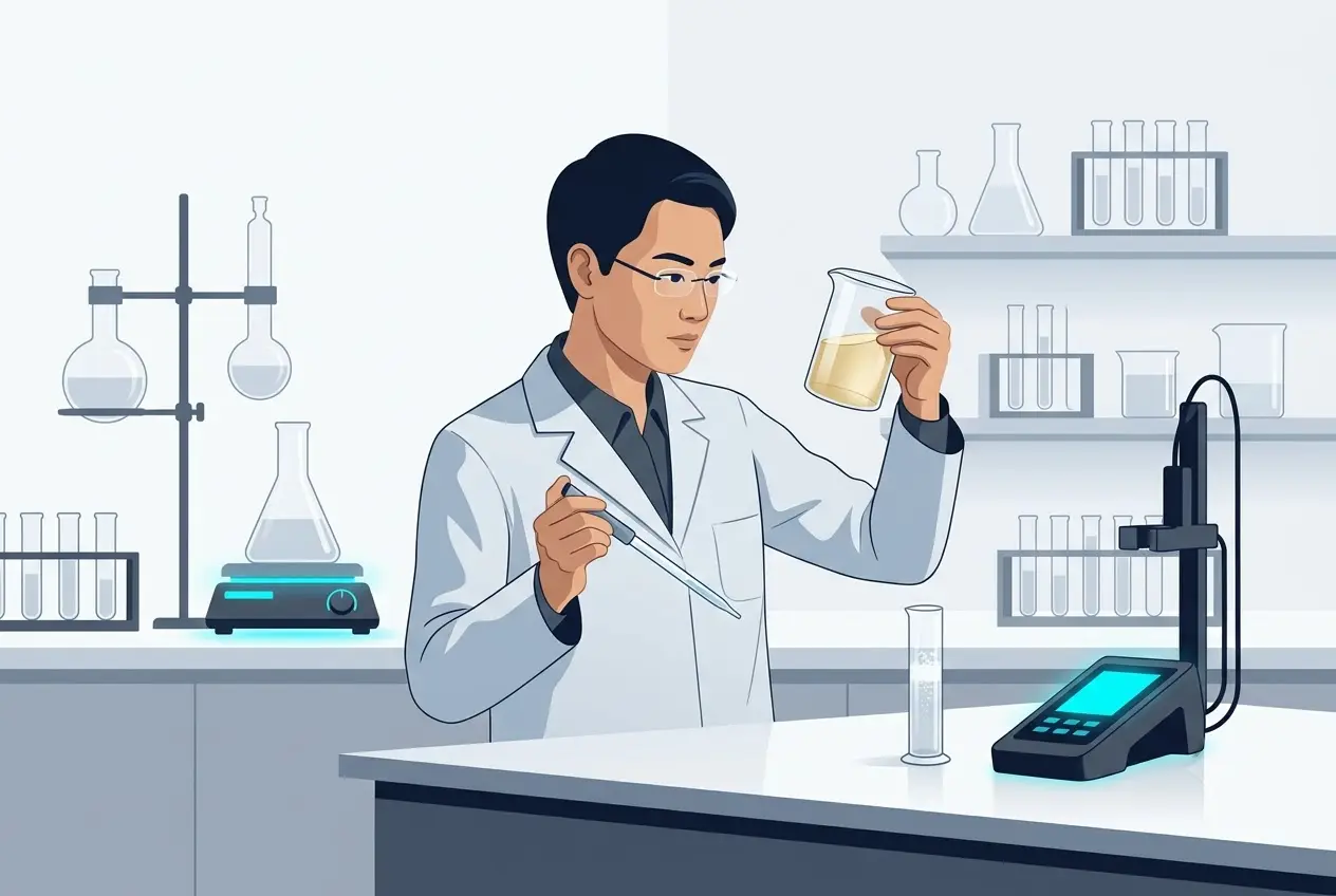 Chuyên viên R&D kiểm tra mẫu thử dầu gội tại phòng lab