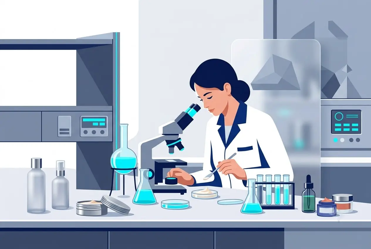 Nhân viên QC kiểm tra chất lượng mỹ phẩm tại phòng thí nghiệm