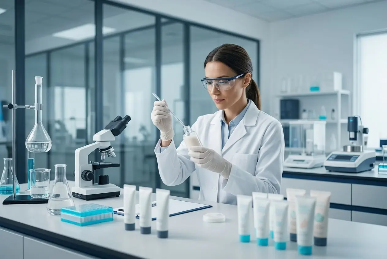 Chuyên gia R&D kiểm tra chất lượng mỹ phẩm mẹ và bé trong phòng thí nghiệm