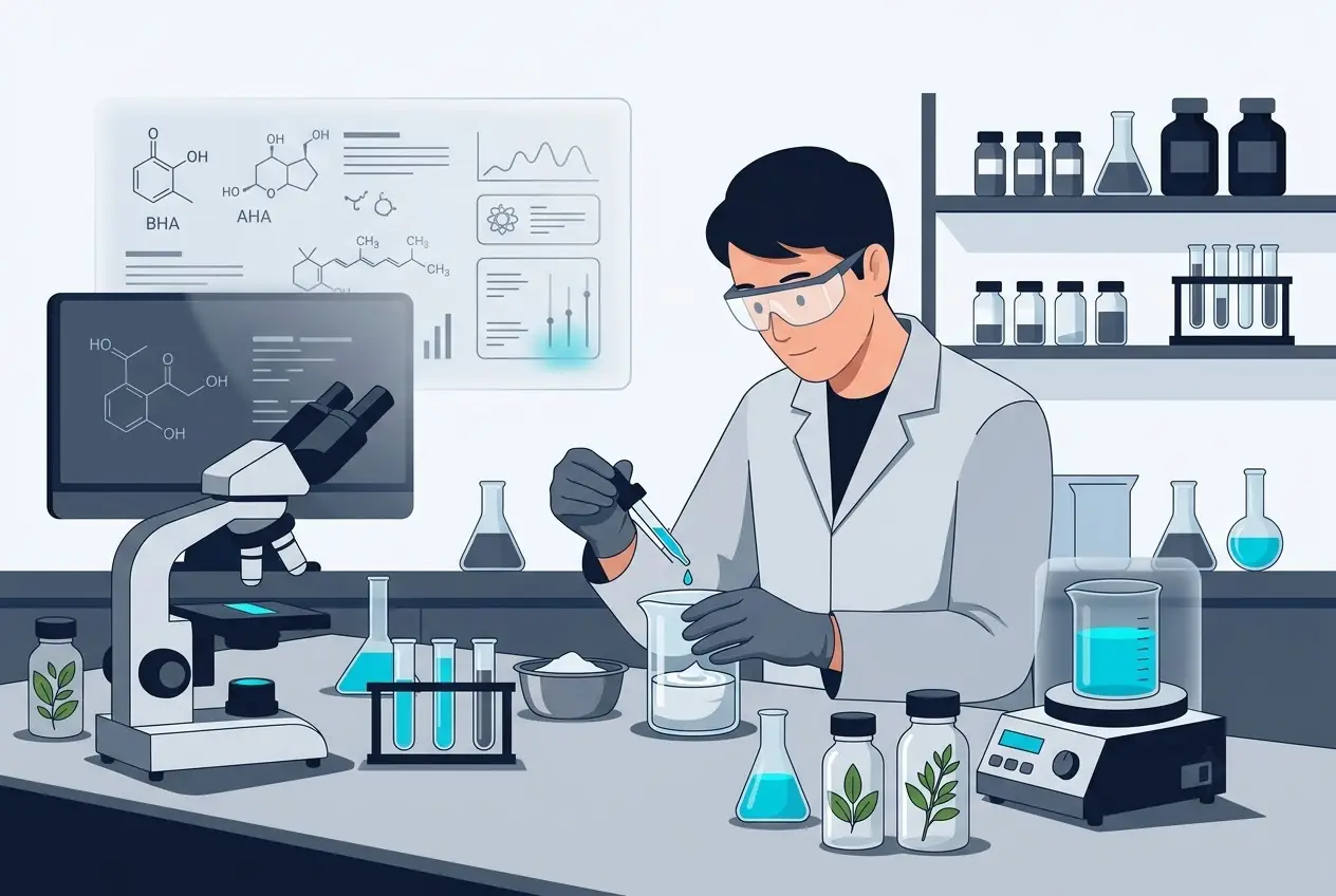 Chuyên gia R&D nghiên cứu công thức kem trị mụn tại phòng thí nghiệm