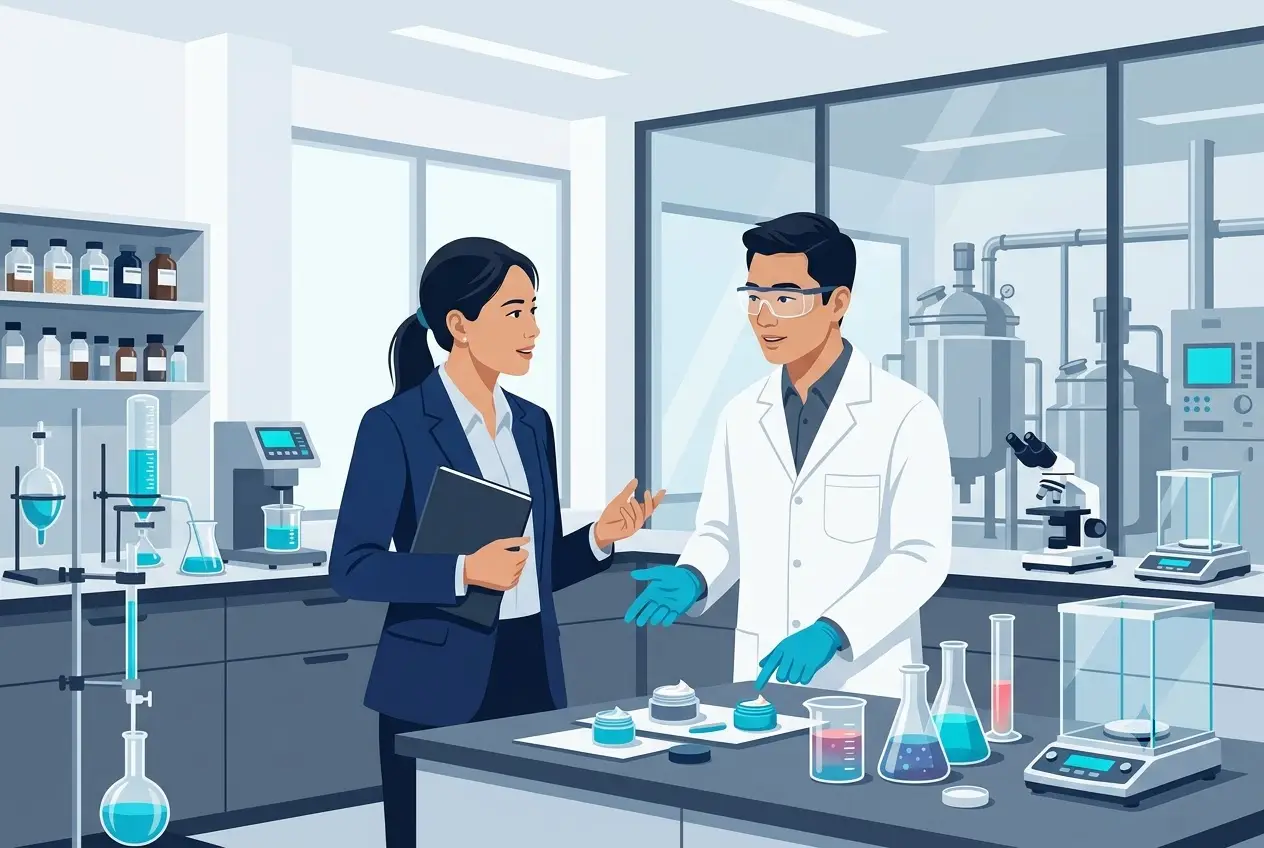 Đại diện thương hiệu đang trao đổi cùng kỹ sư hóa học tại phòng R&D mỹ phẩm