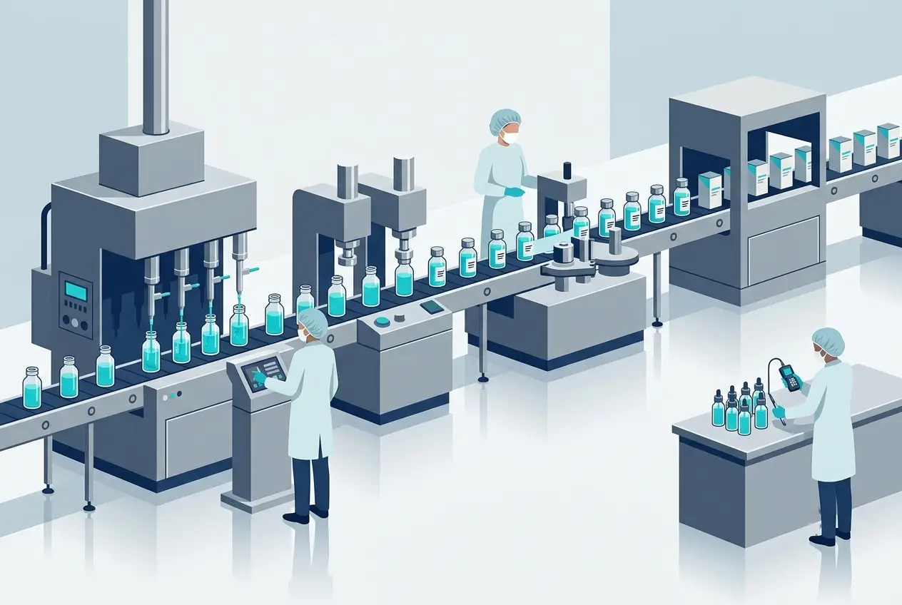 Dây chuyền chiết rót và đóng gói serum hiện đại tại nhà máy chuẩn CGMP