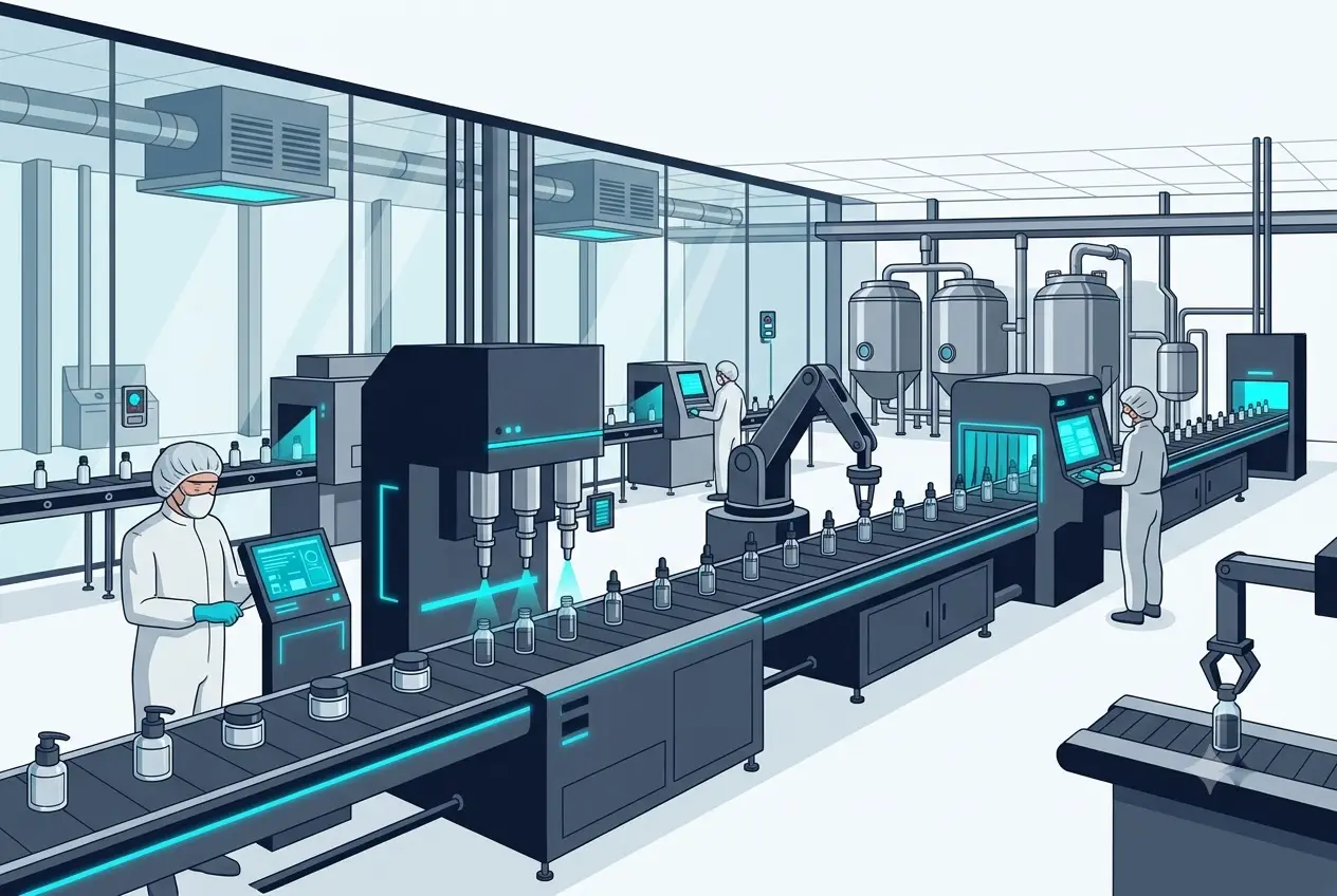 Dây chuyền sản xuất mỹ phẩm tự động hóa tại một nhà máy đạt chuẩn cGMP