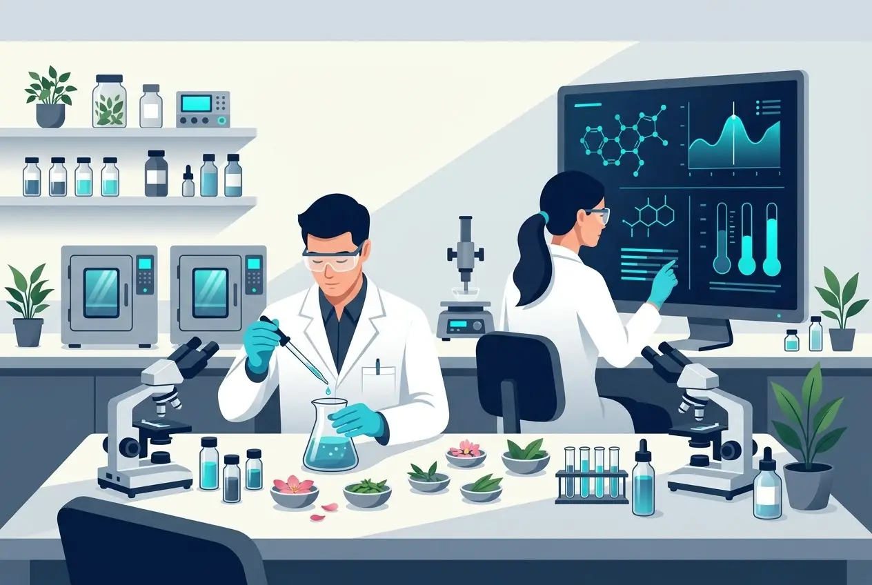 Nhân viên phòng lab đang nghiên cứu công thức mỹ phẩm